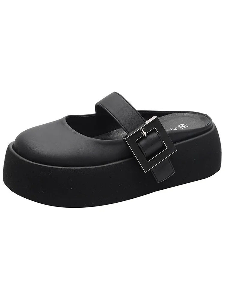 Round Headed Slippers Women's Shoes 2024 Spring and Summer New Style Thick Sole Height Increasing Buckle Mueller Shoes image 3