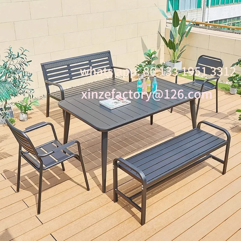 شرفة خارجية قابلة للتخصيص، مزيج غير رسمي للحديقة، فناء في الهواء الطلق، سبائك الألومنيوم المقاومة للماء، طاولات وكراسي واقية من الشمس #2