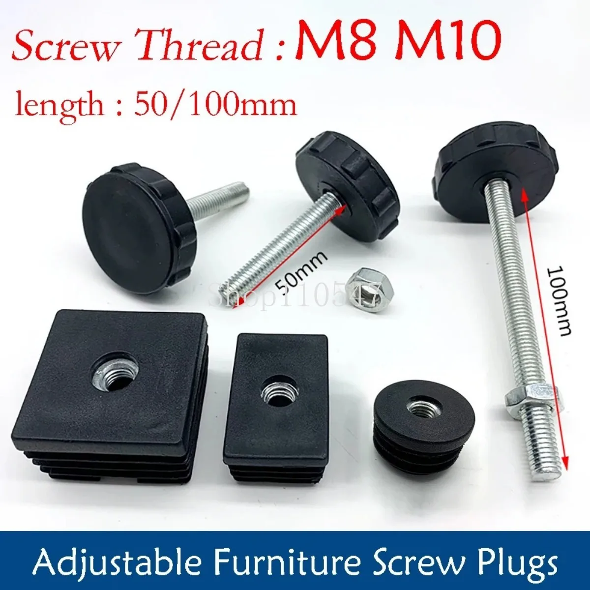 1P-10Pcs Table Leg Plug With Nut and Adjustable Feet M8/M0x50/100mm Black Square/Round Furniture Rack Height Adjustable Foot Cup