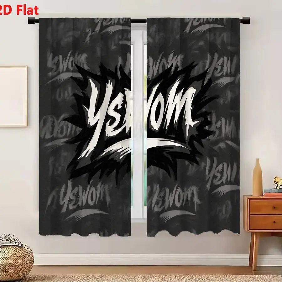2Pcs Curtains 2D Flat YSWOM Urban Street Art Style Bold White Text with Black Spiky Brushstroke Layered Background Edgy Brand Lo