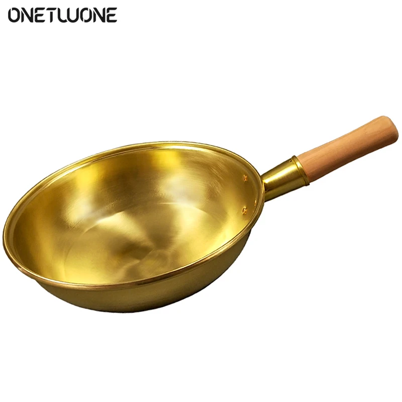 100% Pure Copper Wok Pan Copper Pot Thickened Wooden Handle Frying Pan Brass Frying Pan Cookware