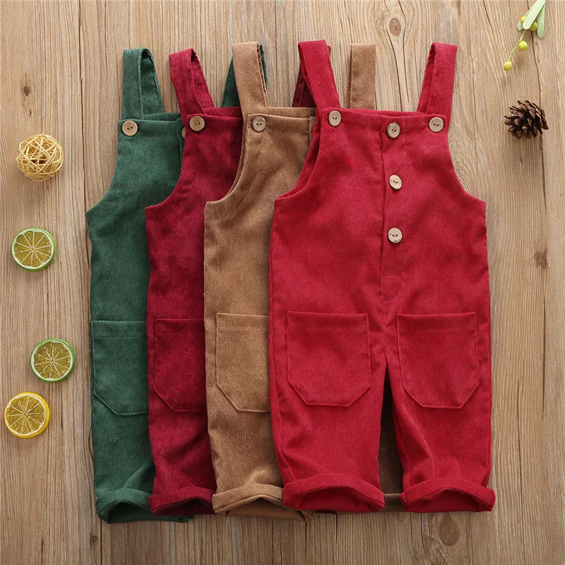 Blotona Toddler Baby Corduroy Suspender Rompers Candy Color Adjustable Strap Pockets Overalls Spring Fall Button Trousers, 6M-5Y