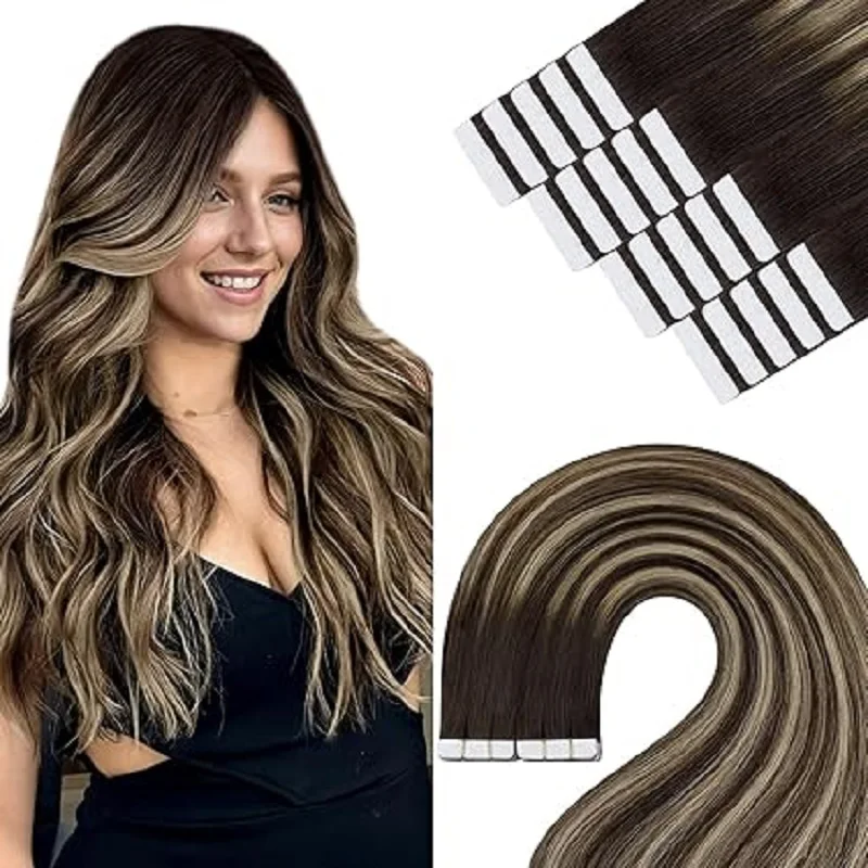 YoungSee Tape in Hair Extensions 100% Real Human Hair Straight Seamless Skin Weft Adhesive Glue On For Salon