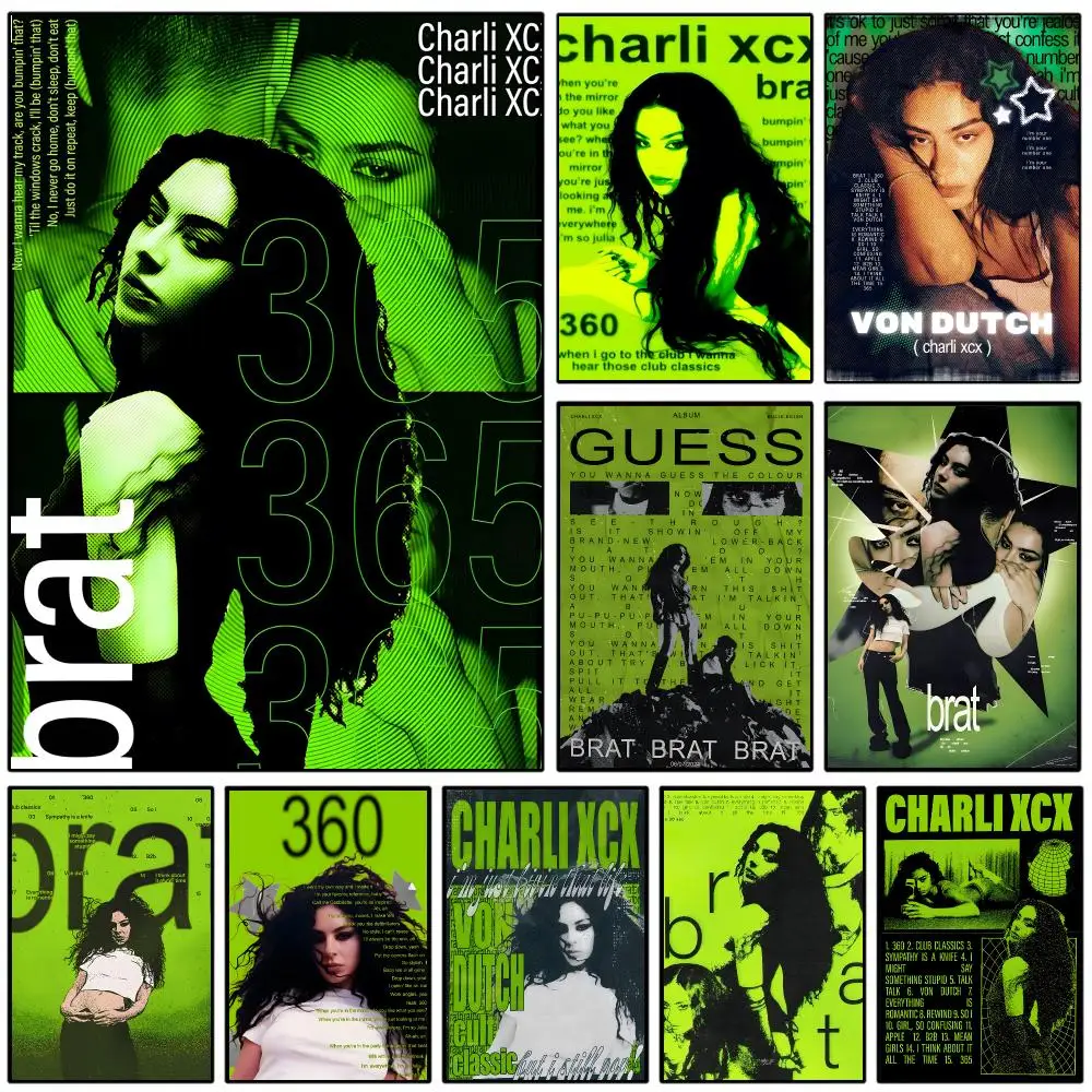 Brat Cover Singer C-Charli Iconic Album Y2k Style Poster Self-adhesive Art Waterproof Paper Sticker Coffee House Wall Decor