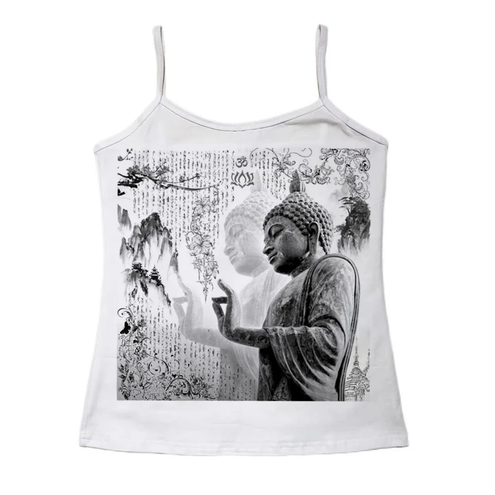 Y2K Spiritual Buddha Mountain Print Long Sleeve Shirt Women Vintage Oriental Buddha Statue Floral Graphic Slim Cropped Aesthetic