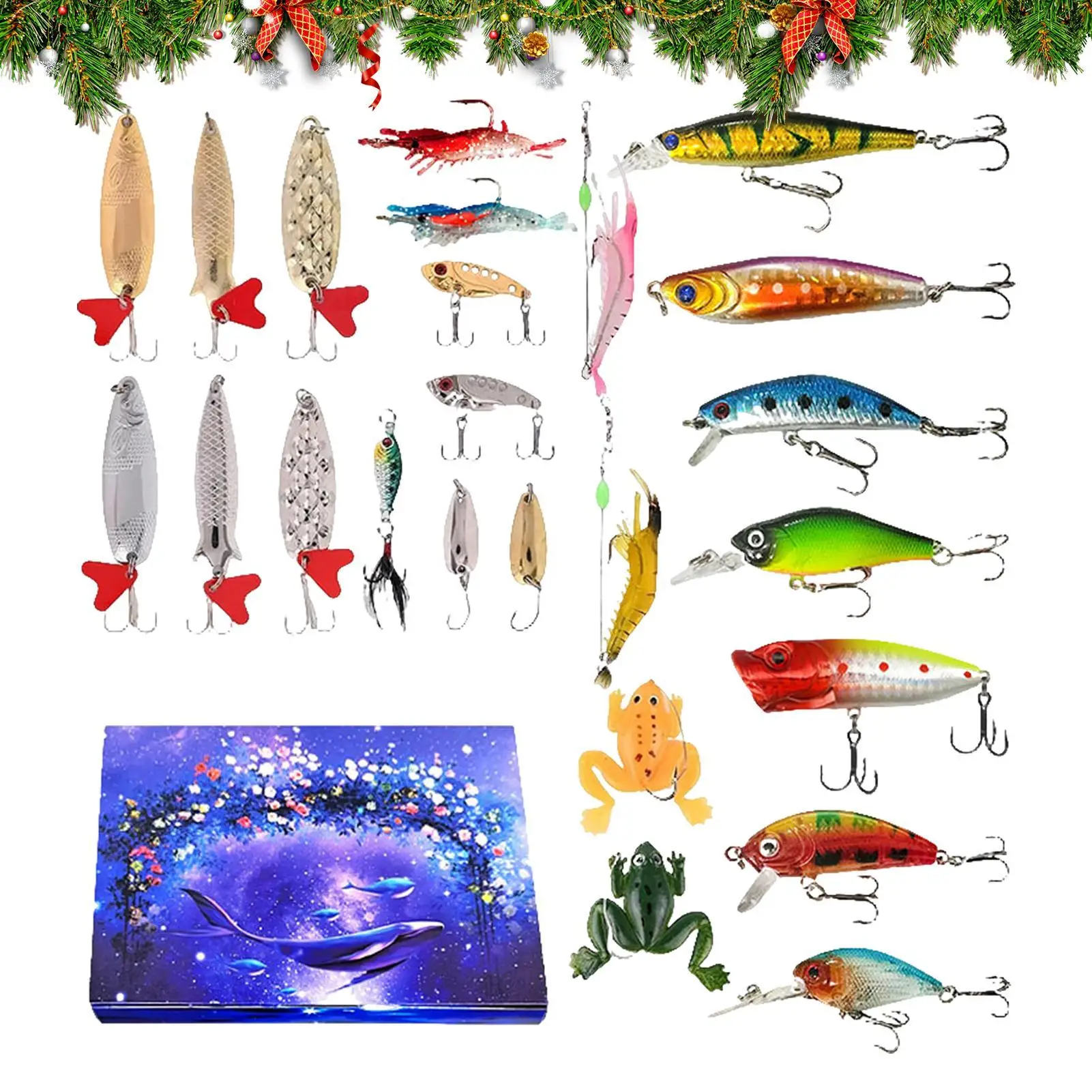 フィッシングカレンダー-クリスマスまでの24日間カウントダウン-ルアーフィッシングキット-季節のルアー-お祭り用餌キット-愛好家向け-ホリデーシーズン