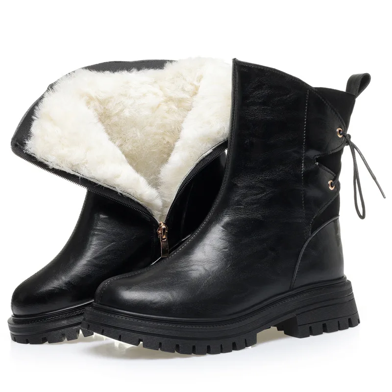 DIMANYU Vintage Women Platform Snow Boots Wool Lined Warm Winter Boots Genuine Leather Chunky  Anti Slip Short Boots For Ladies