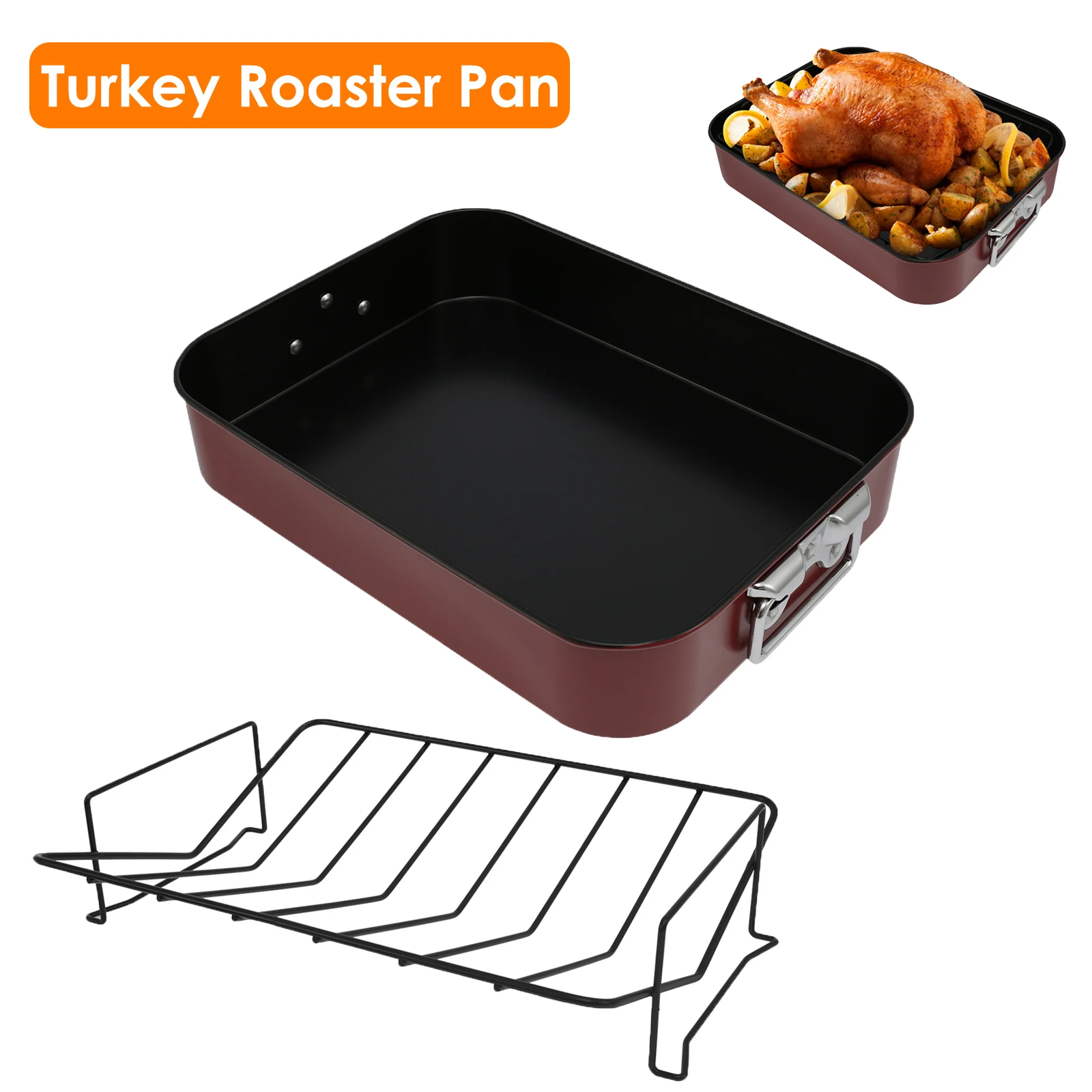 

Carbon Steel Roasting Pan with Rack Nonstick Turkey Roaster Pan Even Heating Roasting Tray Easy Grip Roasting Tins for BBQ Party