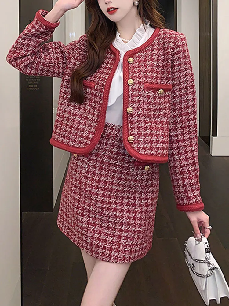 Elegant Cotton Thickened Red Suit Women 23 Autumn Winter Tweed Houndstooth Crewneck Gold Button Coat+A-Line Skirt Two-Piece Set