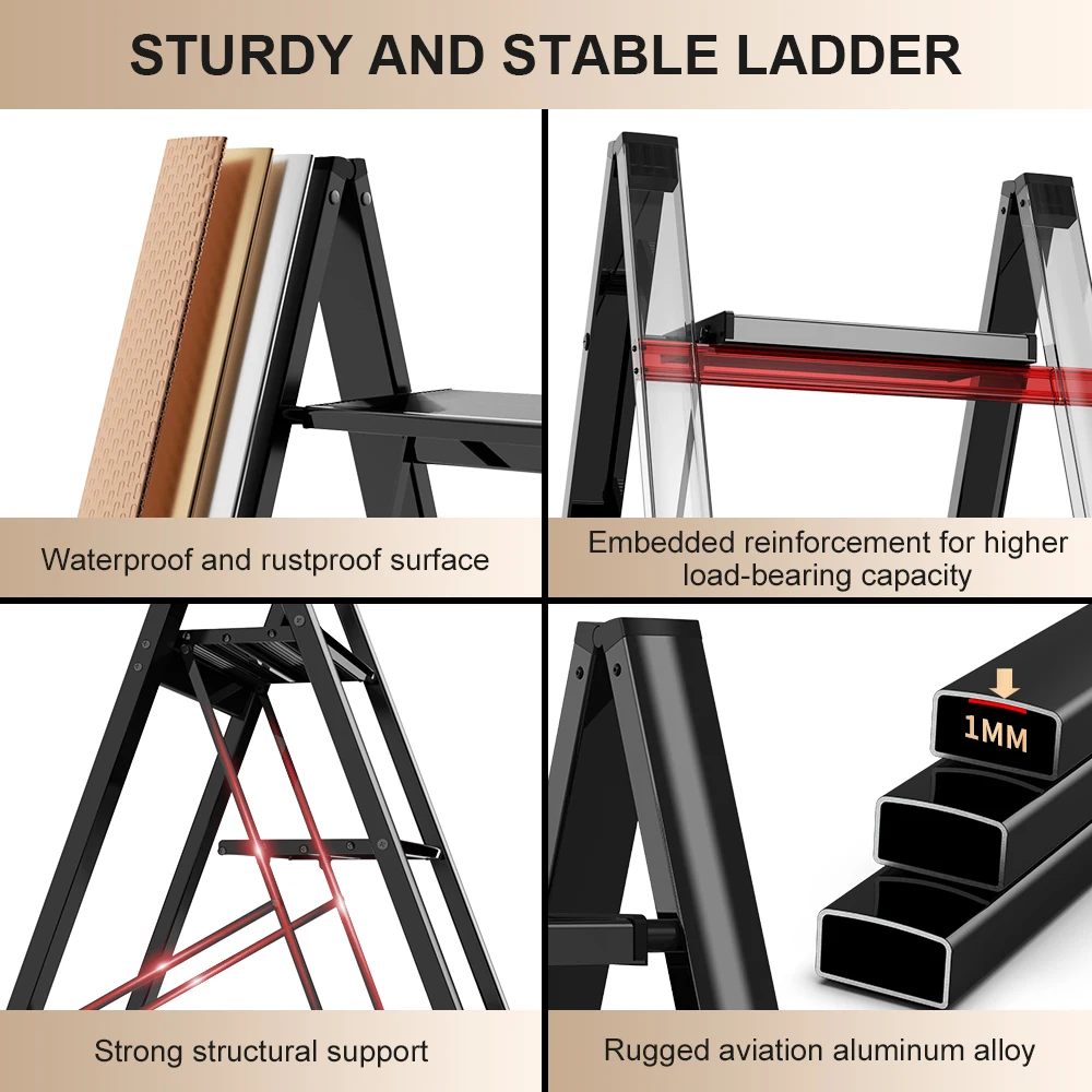 Ladnamy 3 Step Ladder Folding Ladder Stool Portable Storage Rack Lightweight Aluminum Wide Anti Slip Pedal Multifunctional Tools