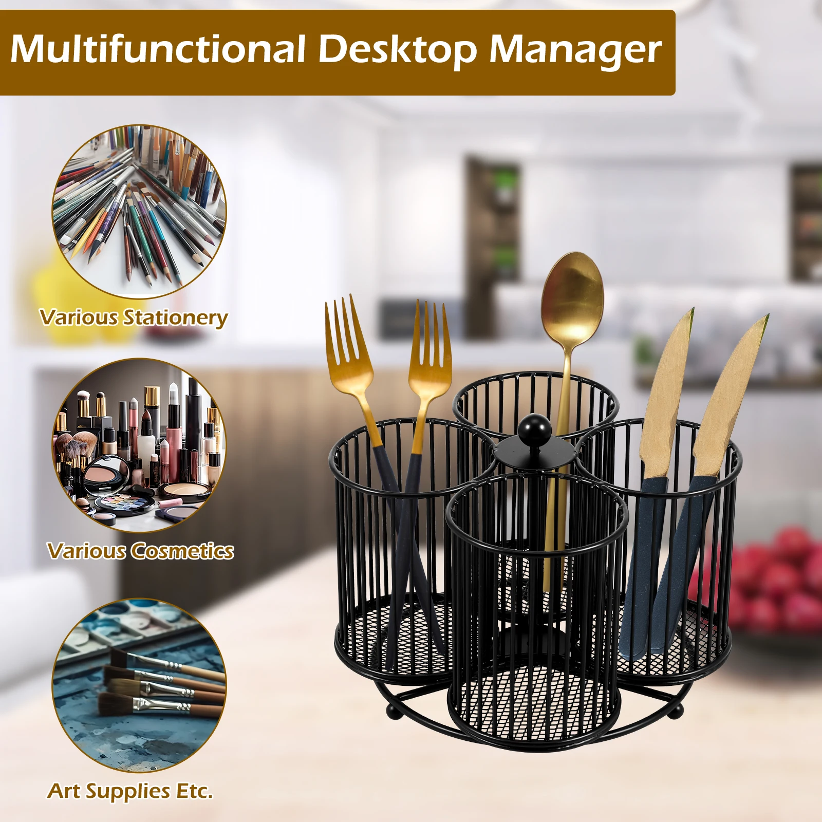 Metal Utensil Caddy 360 Degree Rotating Cutlery Holder 4 Compartment Flatware Storage Basket Portable Multipurpose