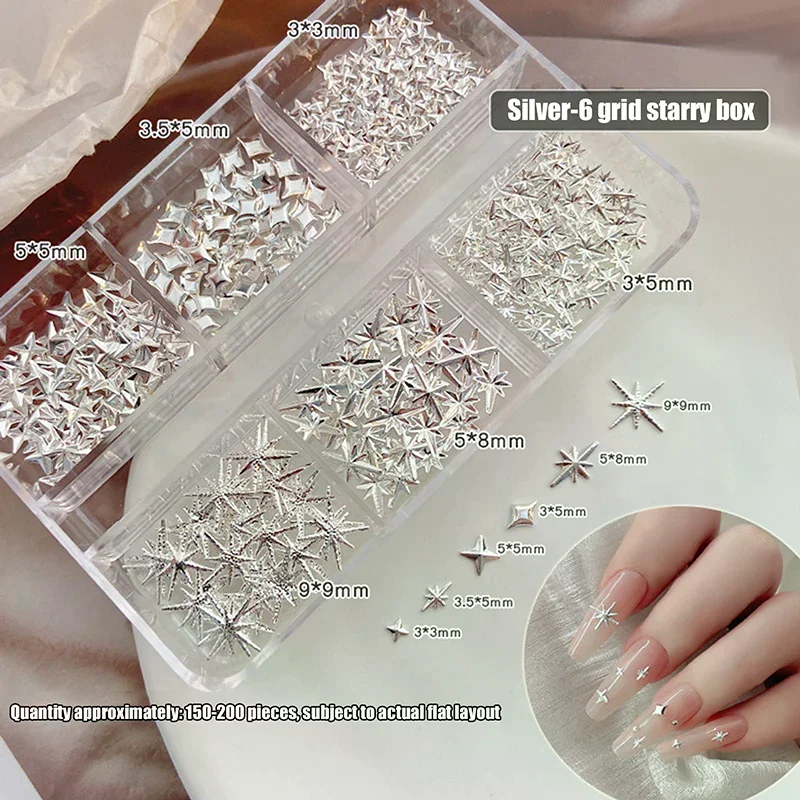 6 Grids Metallic Gold Silver Nail Art Rhinestones Decor Manicure Charms Flatback Starburst Pentagrams Nail Accessories