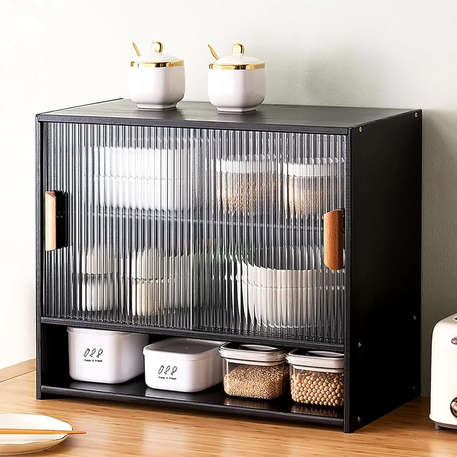 

Small Bamboo Kitchen Pantry Sideboard, Freestanding Countertop Storage Cabinet with 2 Acrylic Doors Black Storage Shelf