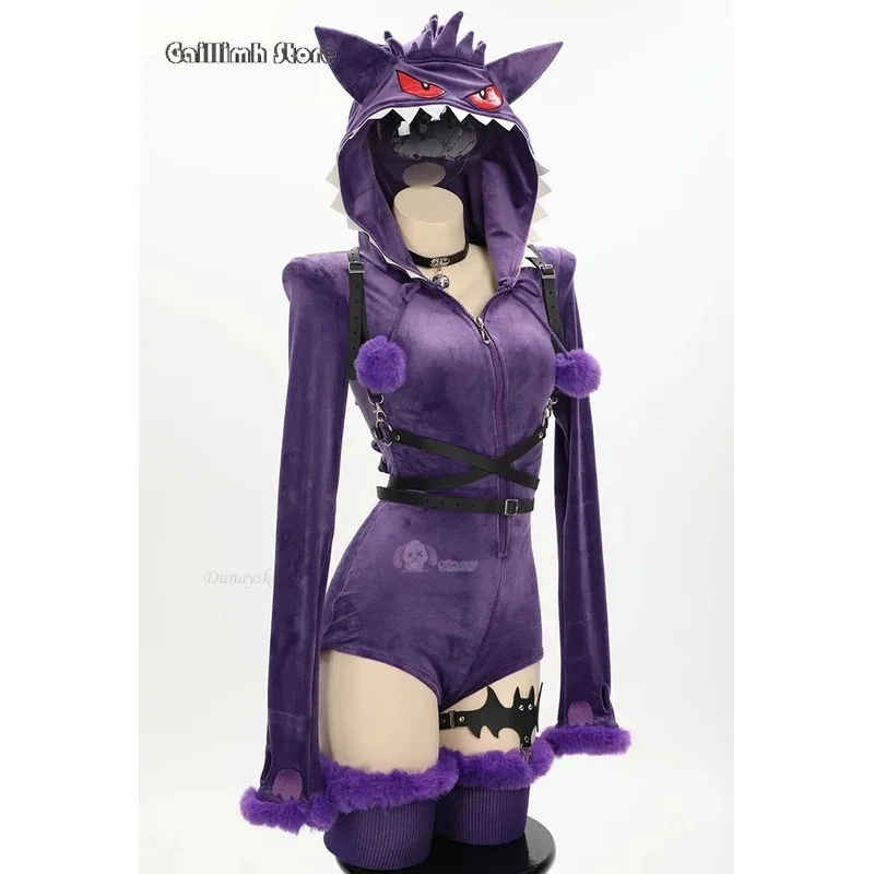 

qq 123Women Ghost Cosplay Costume Halloween Purple Sexy Romper Bodysuit Plush Hooded Socks with Belt and Tail