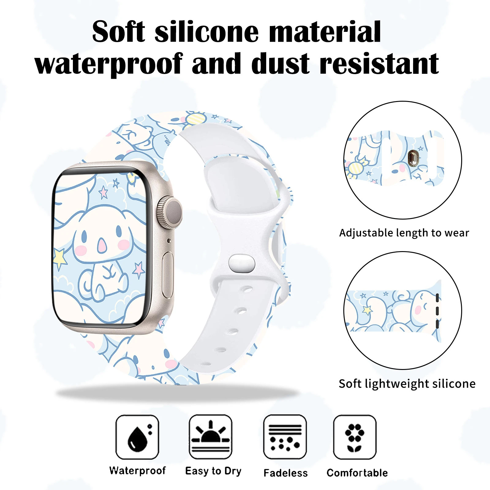 Sanrio Cinnamoroll Silicone Strap for Apple Watch 9 8 7 SE 6 Printed Band Replaceable Bracelet for iWatch 45mm 42mm 41mm 40mm