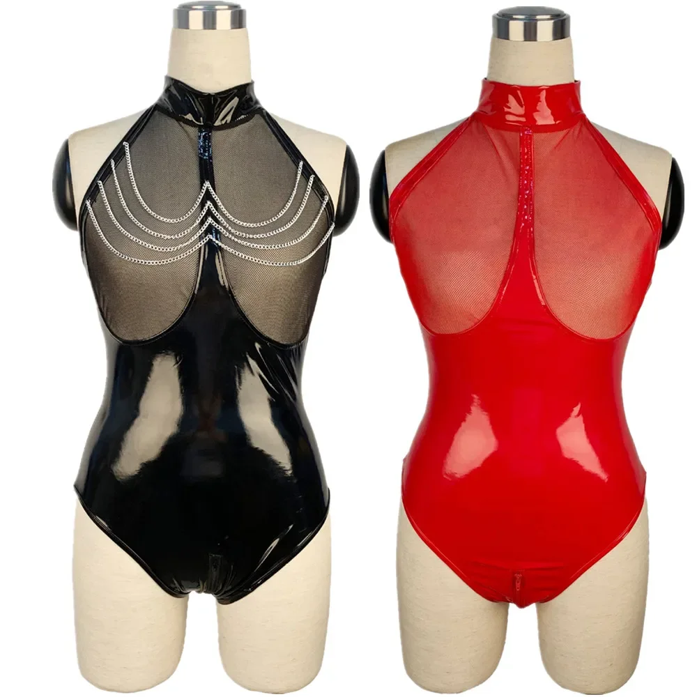 

Sexy Lingerie Women Bodysuit Erotic Costume PVC Exposing Wetlook Latex Bodysuits Women Zipper Open Crotch Shiny Leather Tank