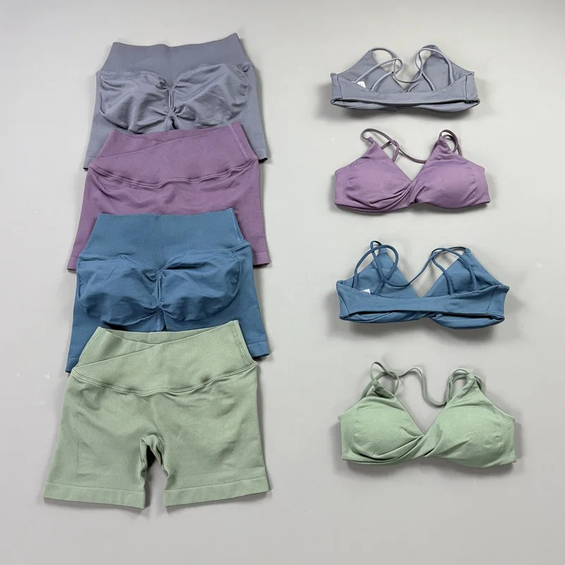 HISTELLO Gym Set Criss Cross Vision Shorts and Vision Twist Front Sports Bra Sets Squat Proof Soft Halter Running Training Suit