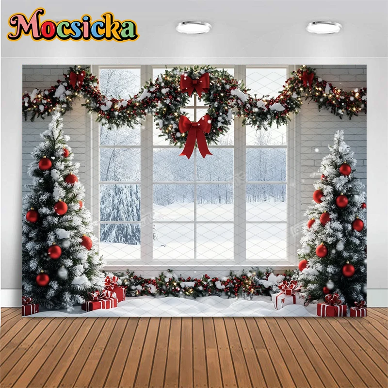 Mocsicka Weihnachten Fotografie Hintergrund Familie Festival Party Kulissen Hause Weihnachten Baum Winter Schnee Fenster Muster Dekor Banner