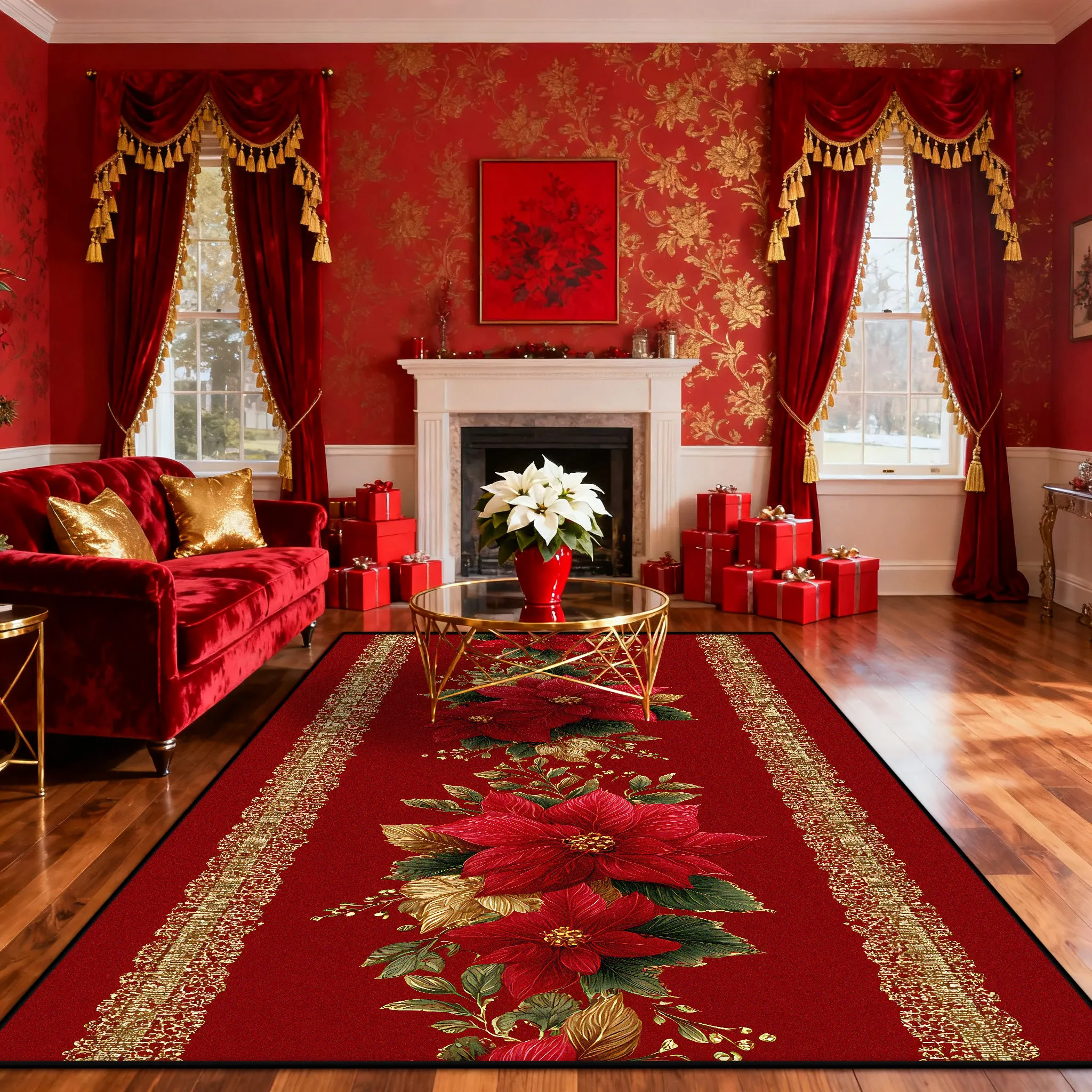 Vintage Red Carpet Living Room High-end Floral Pattern Hairless Tea Table Rug Bedroom Bed End Anti-slip Large Area Classic Mat