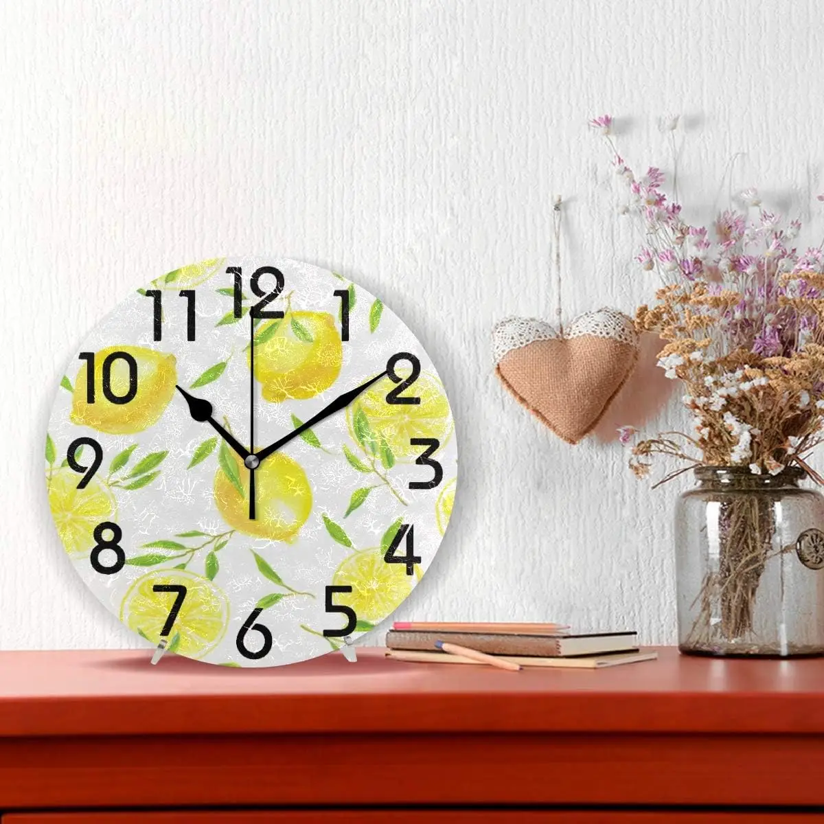 Lifelike Lemon Leaves Pattern Round Wall Clock, 9.5 Inch Battery Operated Quartz Analog Quiet Desk Clock for Home,Office,