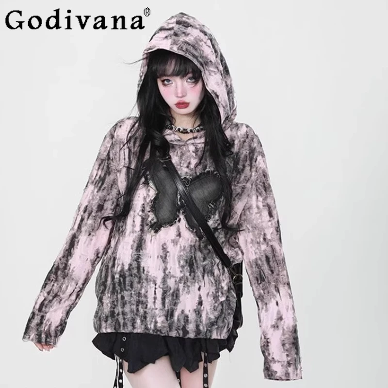 

Большой размер, милая крутая бабочка, длинный рукав, свободная женская футболка с капюшоном, весенне-осенний модный универсальный возрастной топ