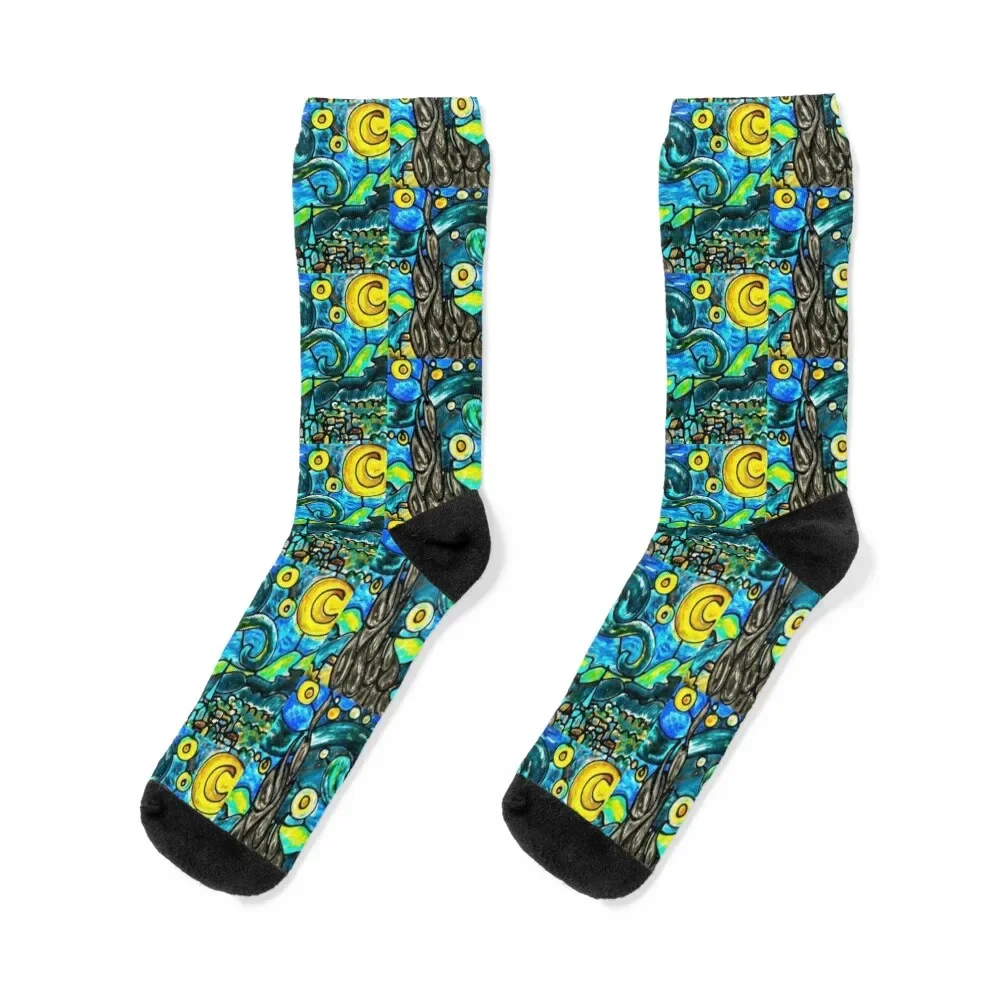 

Starry Night Glass Painting by Sara Rose Socks Soccer sport winter anime Socks Woman Men's