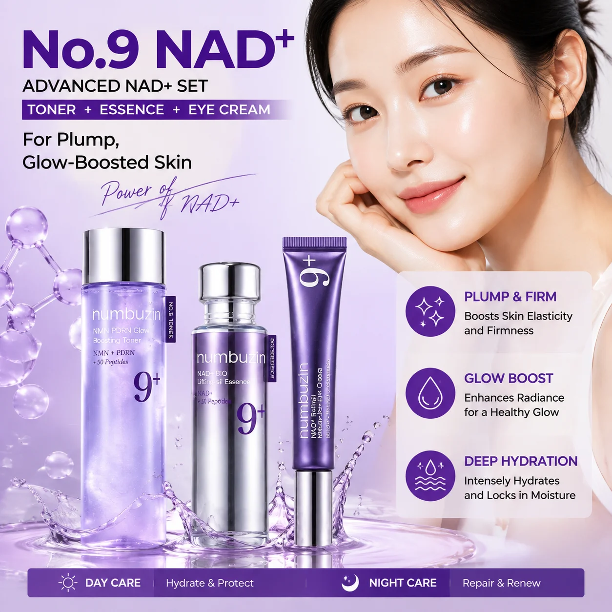 Numbuzin No.9 Advanced NAD+ Skincare Set - PDRN Toner, BIO Essence & Retinal Eye Cream for Day and Night Glow-boosted Care