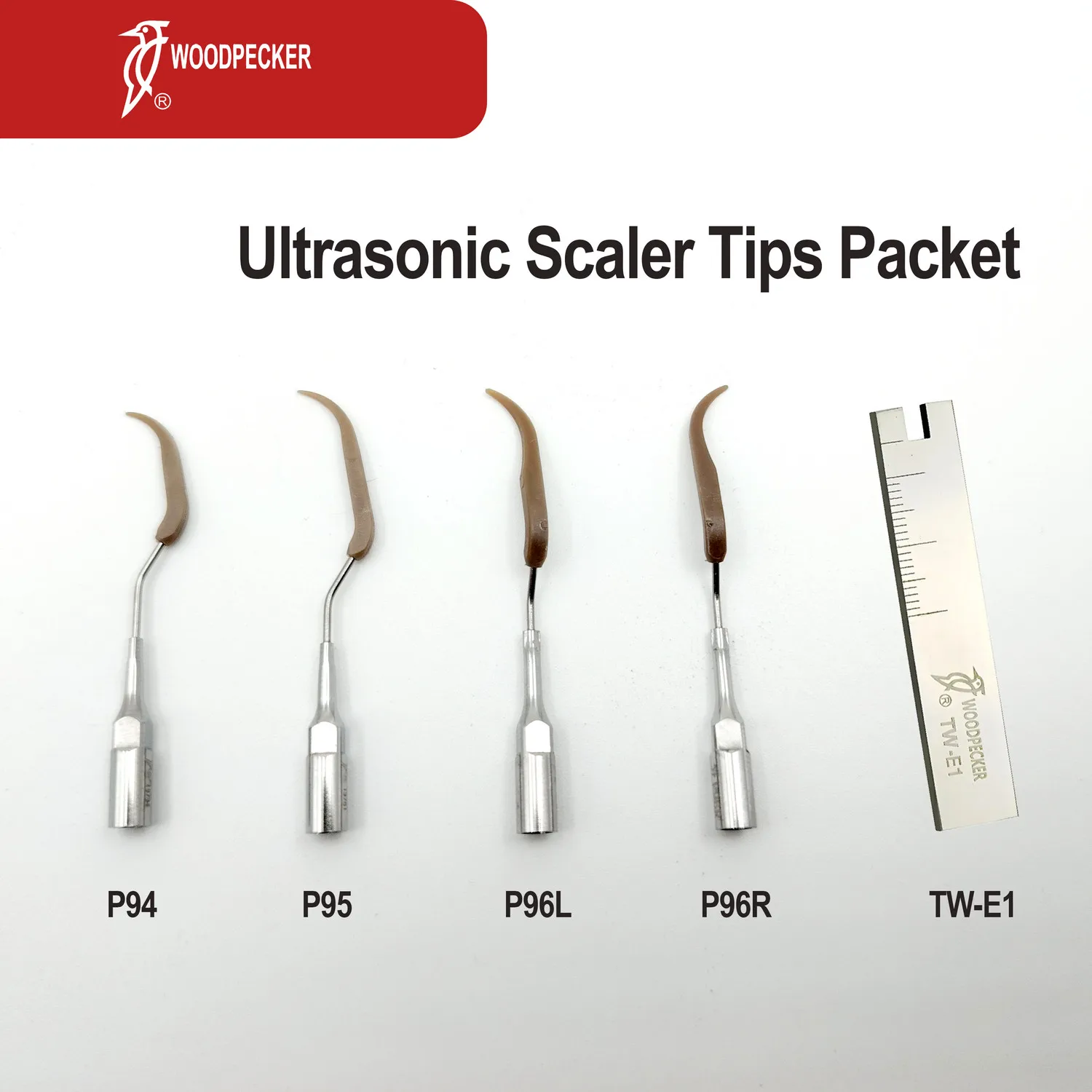 Woodpecker dental Implant Maintenance Ultrasonic Scaler Tips Pack with P94, P95, P96L, P96R, TW-E1 Tip Wrench Key