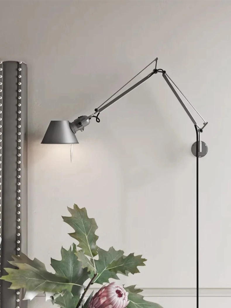 Long Arm Wall Lamp Silver Black Metal E27 Bulb Switch