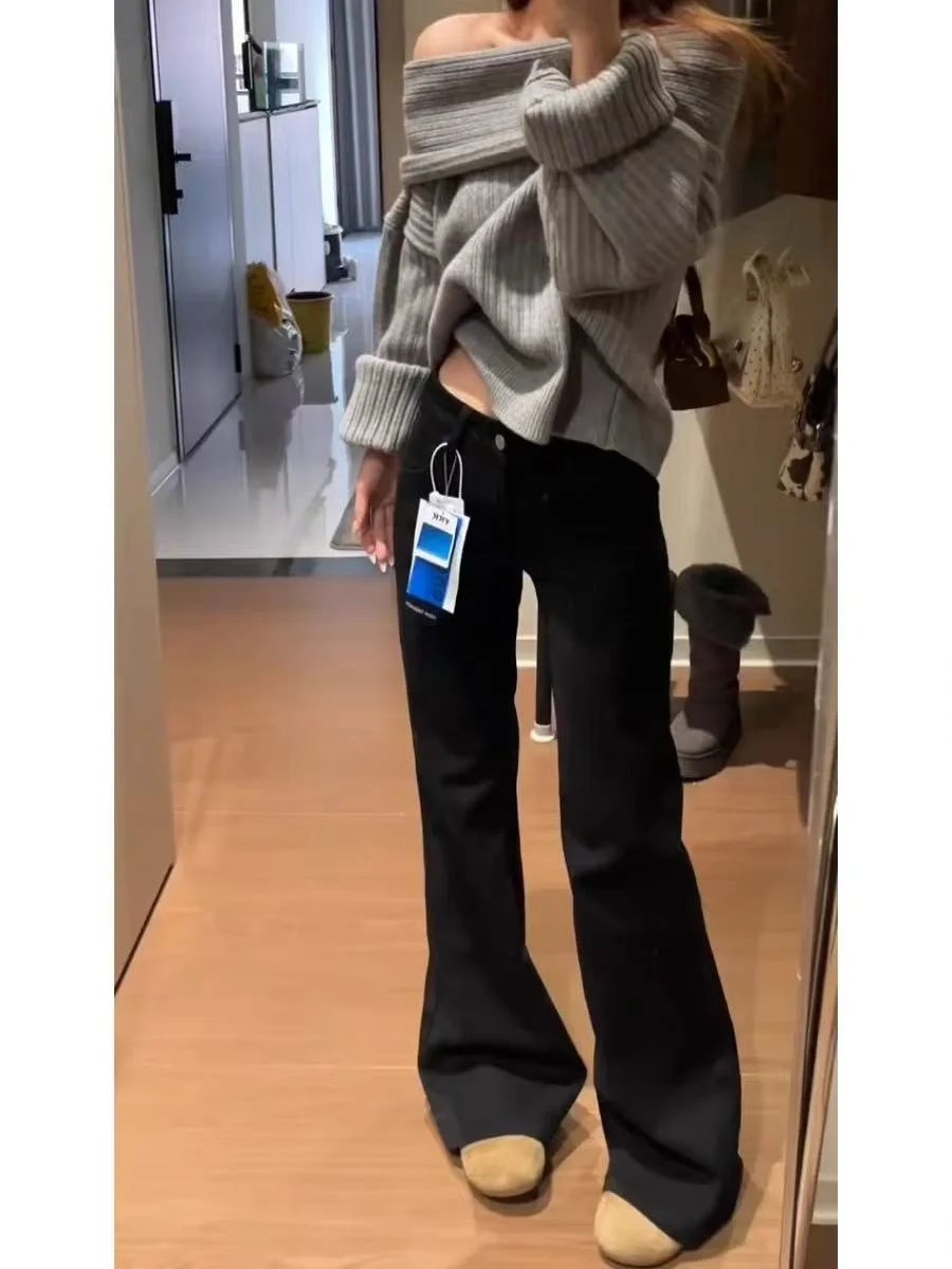 

Джинсы с высокой талией, расклешенные, женские, осенне-зимние, больших размеров, из эластичного хлопкового денима, прямые, стройнящие, для фигуры типа «груша»...