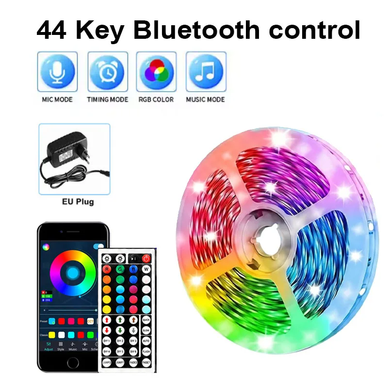 LED-Leuchten fürs Schlafzimmer, farbwechselnde RGB-LED-Streifenlichter mit 44-Tasten-Fernbedienung und Bluetooth-App-Steuerung, musiksynchrone LED-Leuchten für Zimmer, Küche, Party, Zuhause,