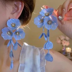 Colorful Flower Petal Long Earrings Fresh Temperament Inlaid Zircon Drop Earrings Stylish Statement Party Earrings Jewelry