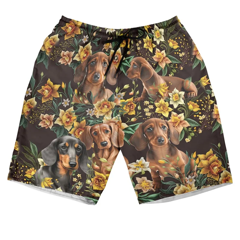 3D Printed Funny Dachshund Beach Shorts For Men Cactus Flower Leaves Pattern Short Pants Hawaiian Casual Streetwear Swim Trunks