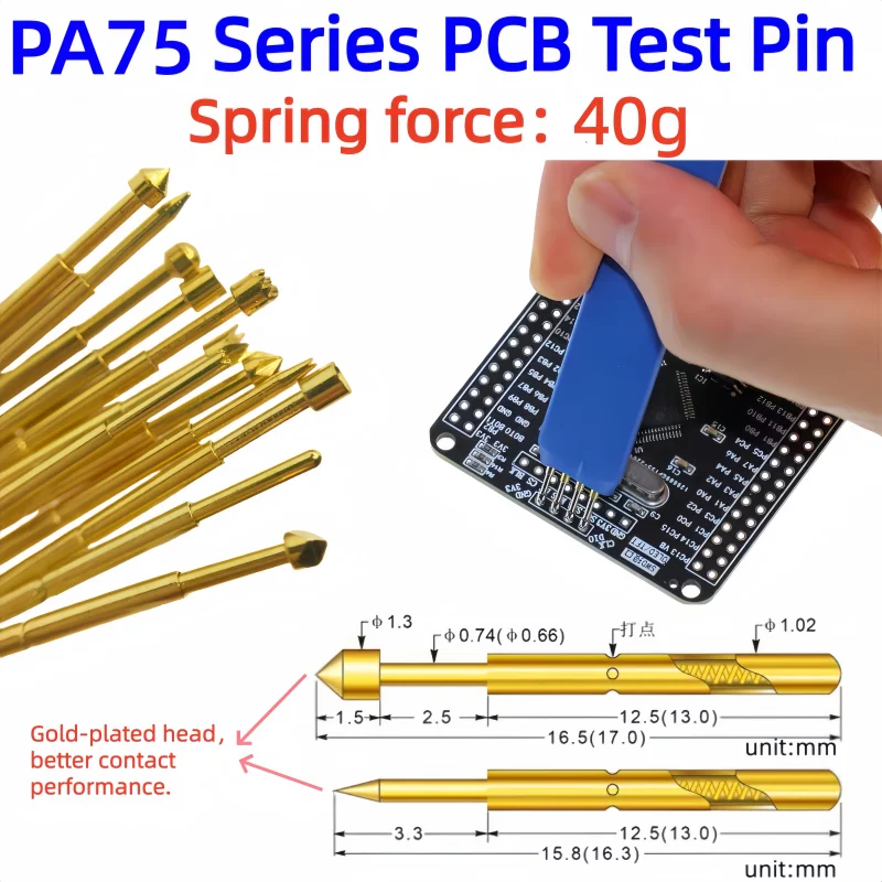 PA75 Series 40g Light Elastic Force Spring Force Spring Test Pin Test Pin Pogo Pin For PCB Test PA75-B P75-B Gold Plated Tip