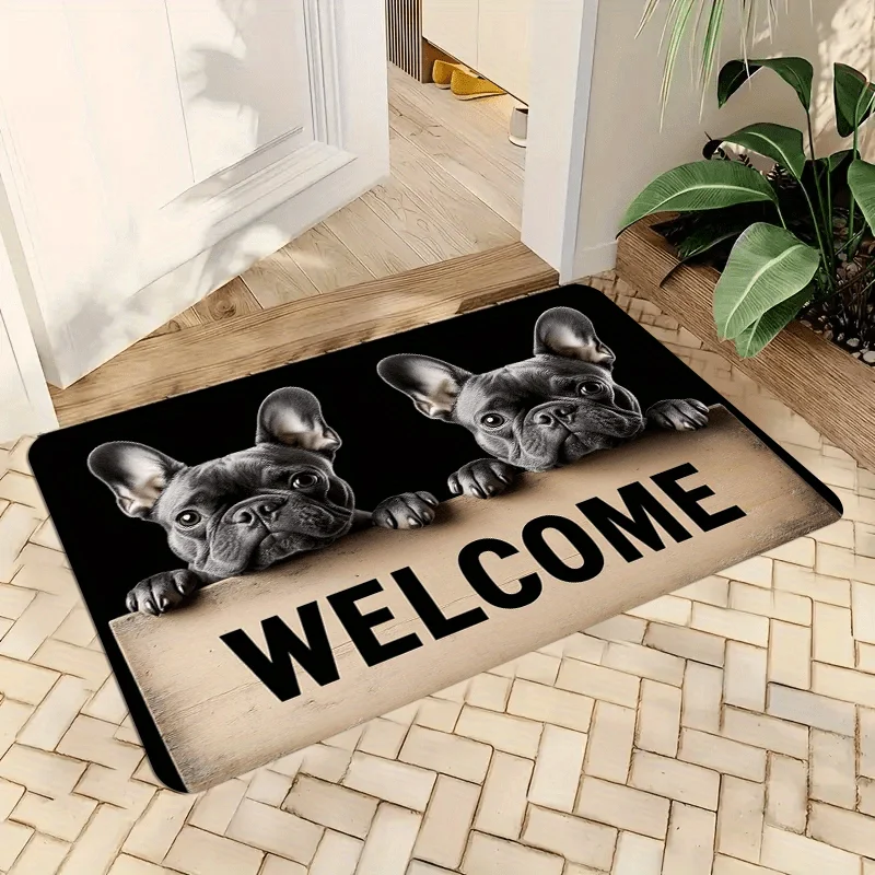 VIKAMA Cute French Bulldog Welcome Doormat Non-Slip Entrance Rug Absorbent Pet Friendly Door Mat Home Decoration