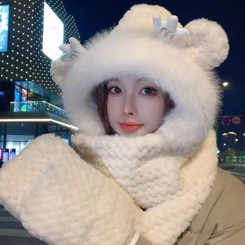 

Модный милый шарф с рогом дракона, комплект шапки с капюшоном для женщин, осенне-зимний плюшевый теплый утолщенный комплект из трех предметов для шеи