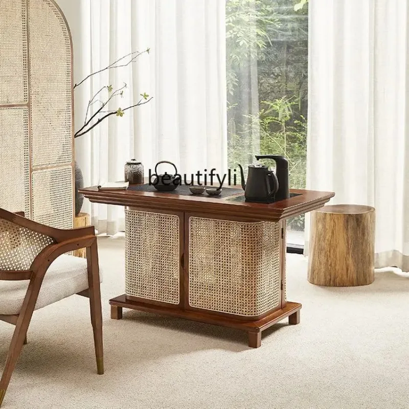 A139 New Chinese Style Solid Wood Rattan Tea Table Modern Minimalist Tea Cabinet Integrated Zen Table and Chairs
