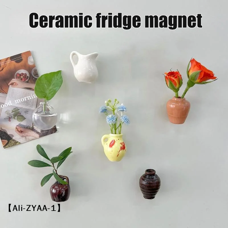 【A】Mini Ceramic Vase Fridge Magnet 3D Micro Landscape Decorative Plant Pot Magnet For Refrigerator Kitchen Living Room Ornament