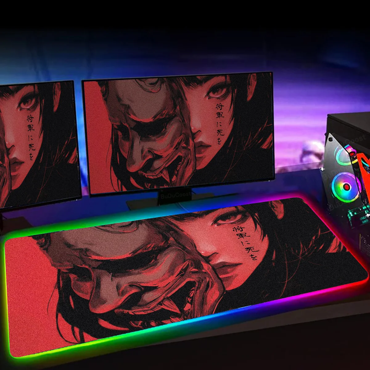 

RGB Mousepad Devil Mask Samurai Rubber Desk Mat Kawaii Anime Girl Office HD Print Keyboard Pad Gamer Lock Edge Luminescence Rugs