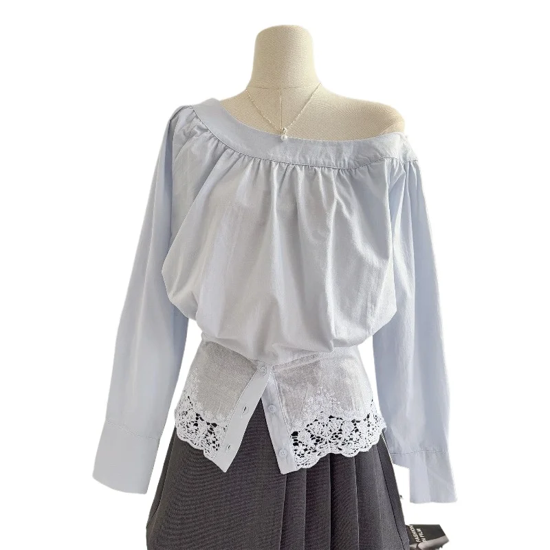 

Корейская женская блузка с диагональным воротником и открытыми плечами, с длинными рукавами, весенняя, с кружевными вставками, приталенная, в иностранном стиле, топ