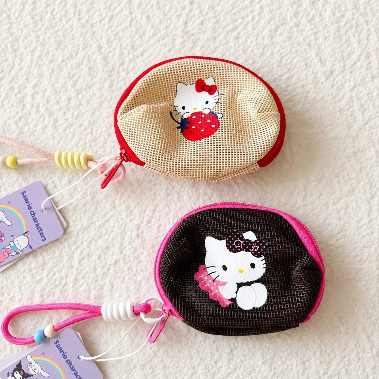 Sanrio Kawaii Mini Mesh Coin Purse with Hand Strap Hello Kitty Kuromi My Melody Small Zipper Pouch Wallet for Coins And Earphone
