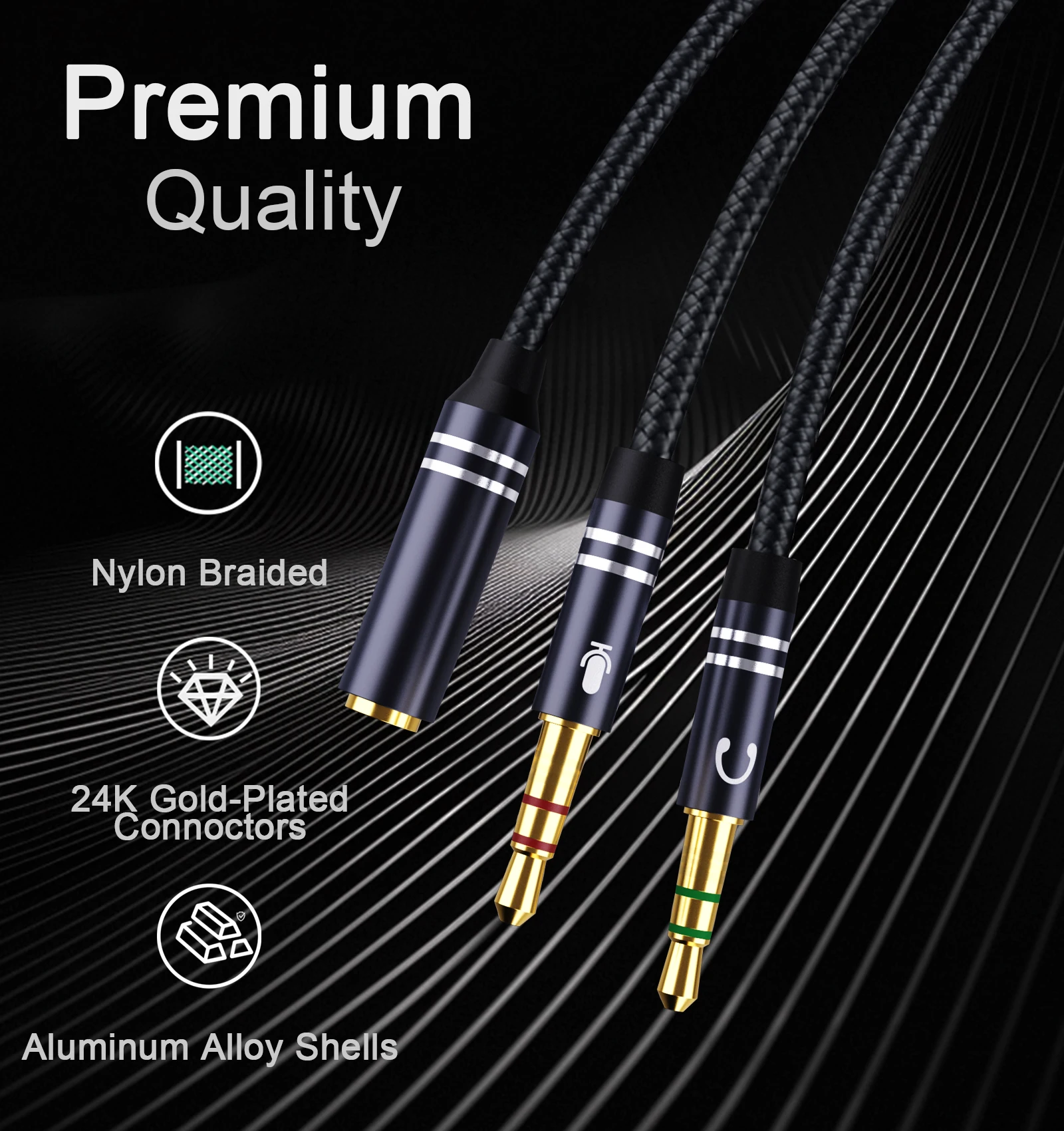 Braided Headphone Splitter for Computer, 3.5mm Female to 2 Dual 3.5mm Male Earphones Port, Mic Y Audio Splitter Cable Compatible
