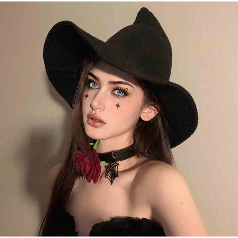 Halloween Witch Wool Knitted Hat Women Foldable Magic Pointed Hat Fashion Vintage Witch Hat Halloween Party Masquerade Accessory