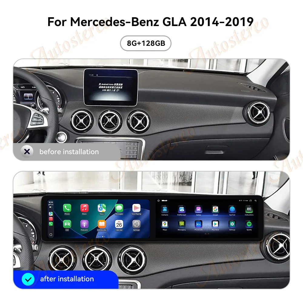 Dual Screen Android14 Car Radio Carplay Screen For Mercedes Benz CLA GLA A 2013-2019 Multimedia Player GPS Navigation Head Unit