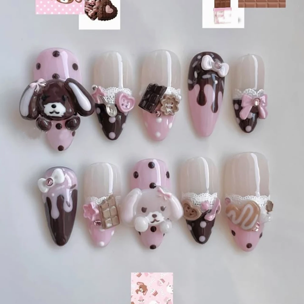 Handmade 3D Doll Sweet Rabbit Cat Rilakkuma Press On Nails Art Pink Chocolate Dessert Cream Cartoon Almond Fake Nails Sticker - view 5