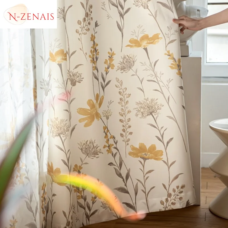 Romantic Korean-American Pastoral Blackout Cotton and Linen Bedroom and Living Room Floor-to-ceiling Windows Curtain Elegant
