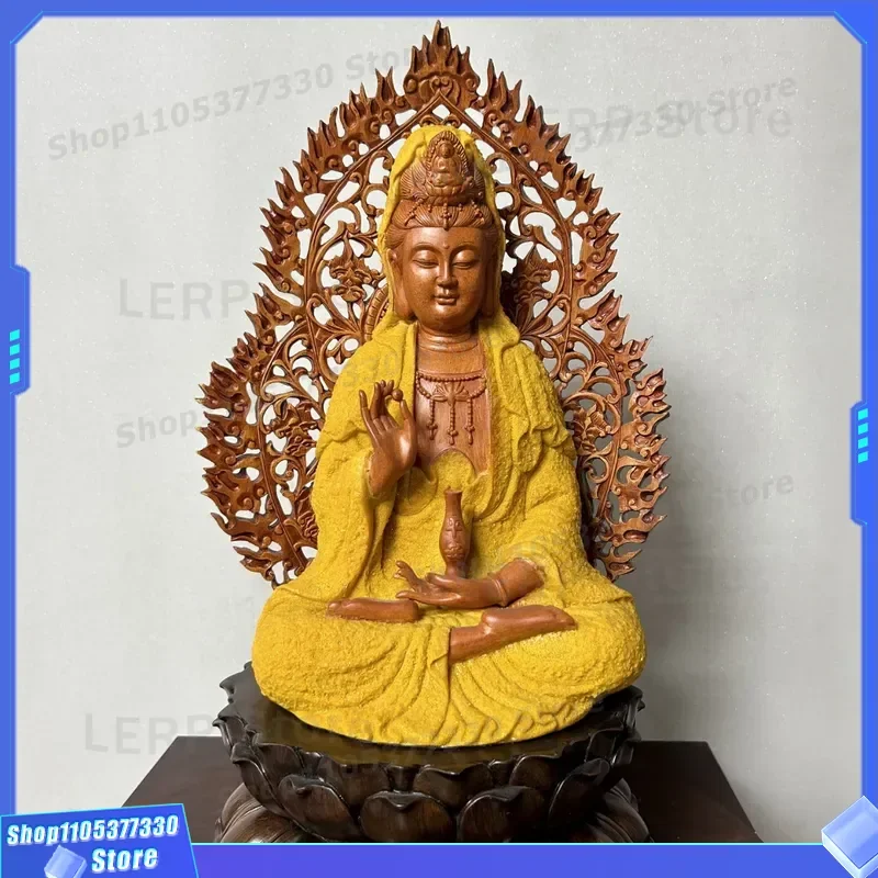 Resin Imitation Wood Sand Gold Guanyin Bodhisattva Statue Chinese Home Living Room Decoration Great Compassion Ornament for