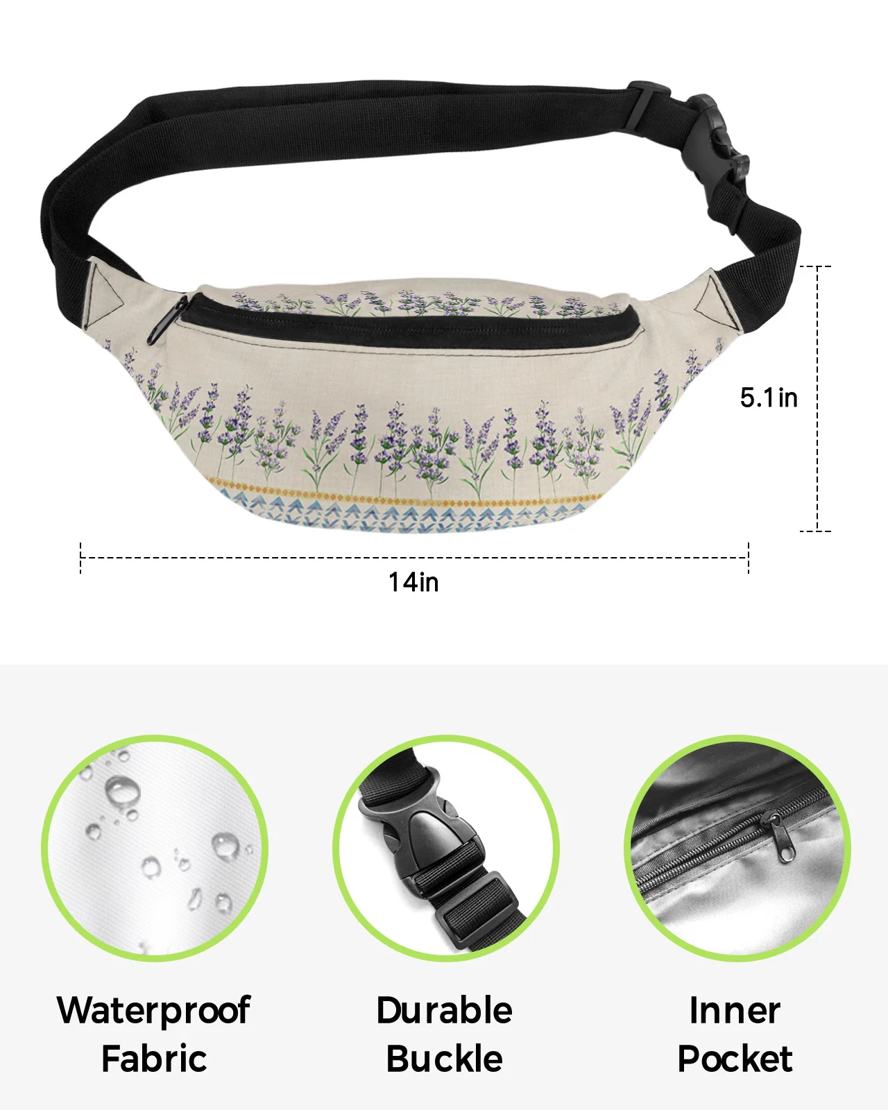 Riñonera Bohemia con flores de lavanda para hombre y mujer, bolso grande para teléfono, cartera, impermeable, plátano, cadera