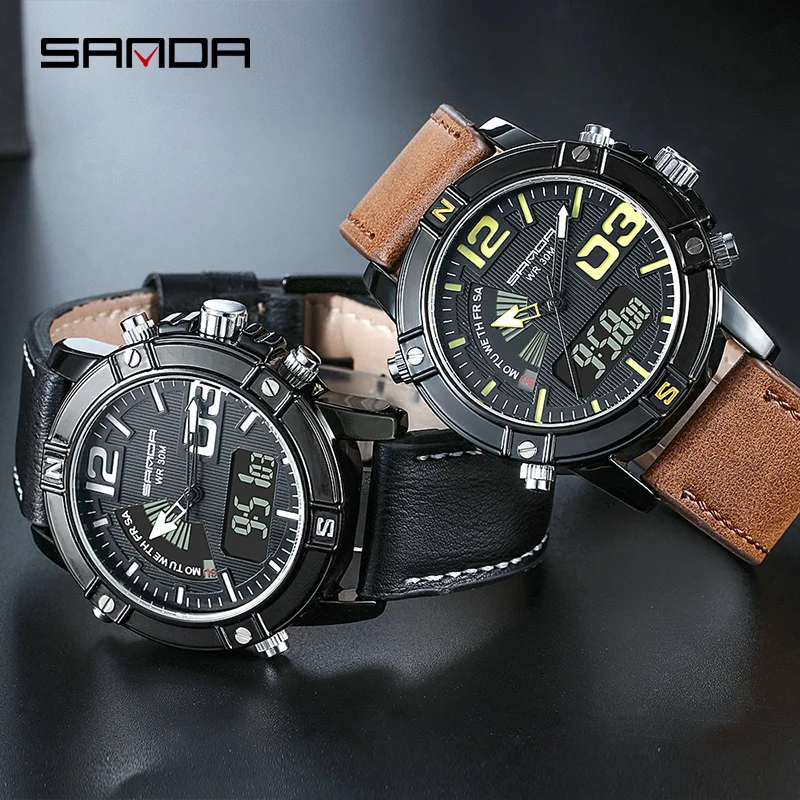 SANDA New Fashion Multifunctional Dual Display Watch Sports Mens Watches HD LED Watch Luminous Clock Alarm Clock Timer Reloj 773