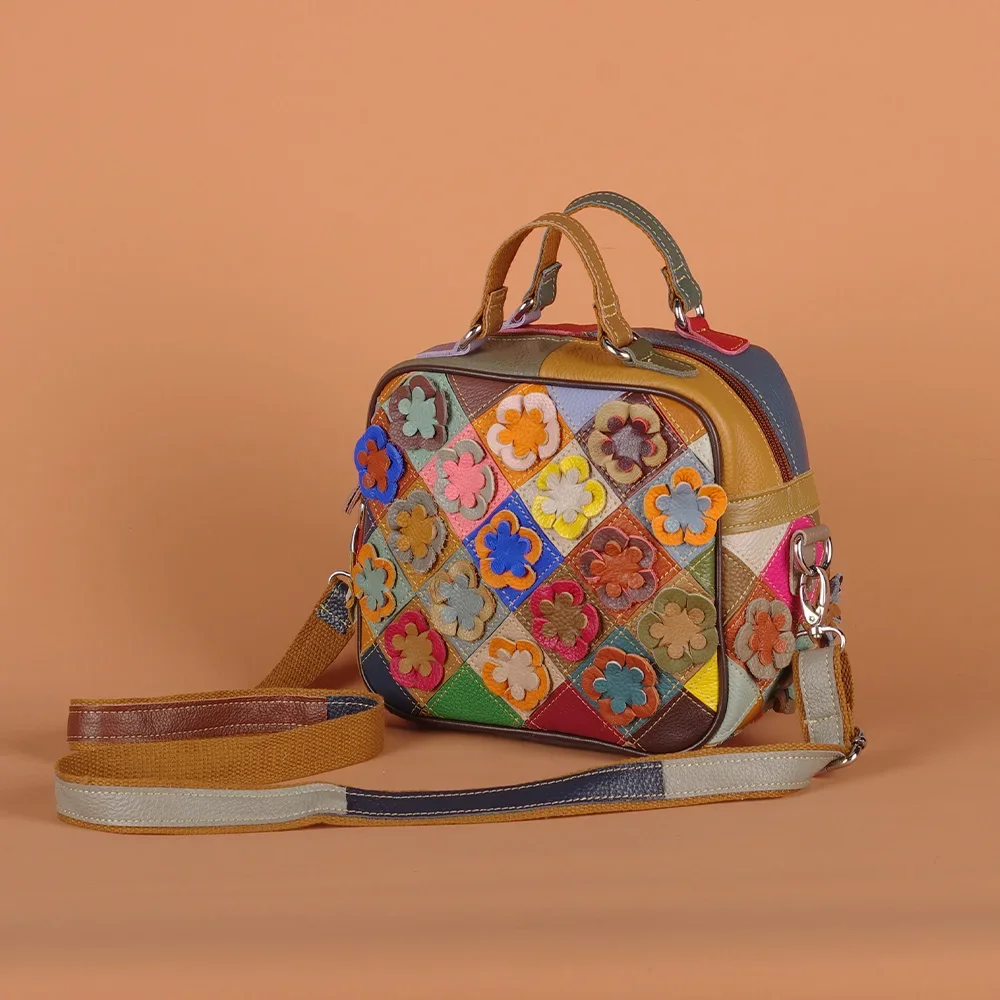 

Leather Handbag Cross-body Bag Hand-stitched Flower Women's Bag Color Diamond Leather Women's Small Square Bag